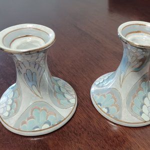 Macau Hand painted Porcelain blank Two Candle Holders Vintage Candlesticks